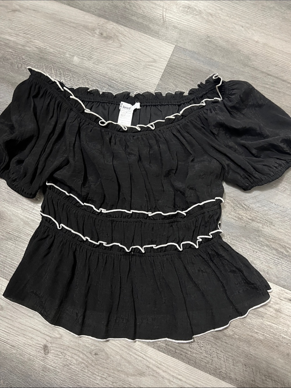 Black Off-Shoulder Ruffle Peplum Blouse with White Contrast Trim